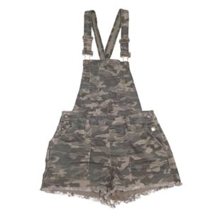 NWT Arizona Jeans Shortalls Womens Small Camo Bib Overalls Denim Shorts Stretch